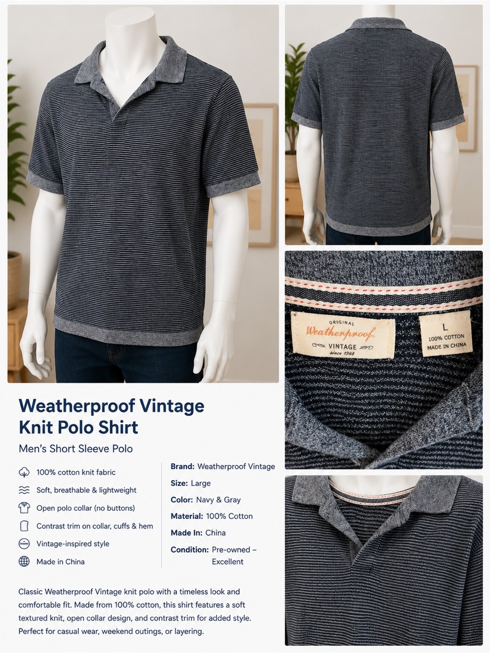 Weatherproof Vintage Navy & Gray Knit Polo